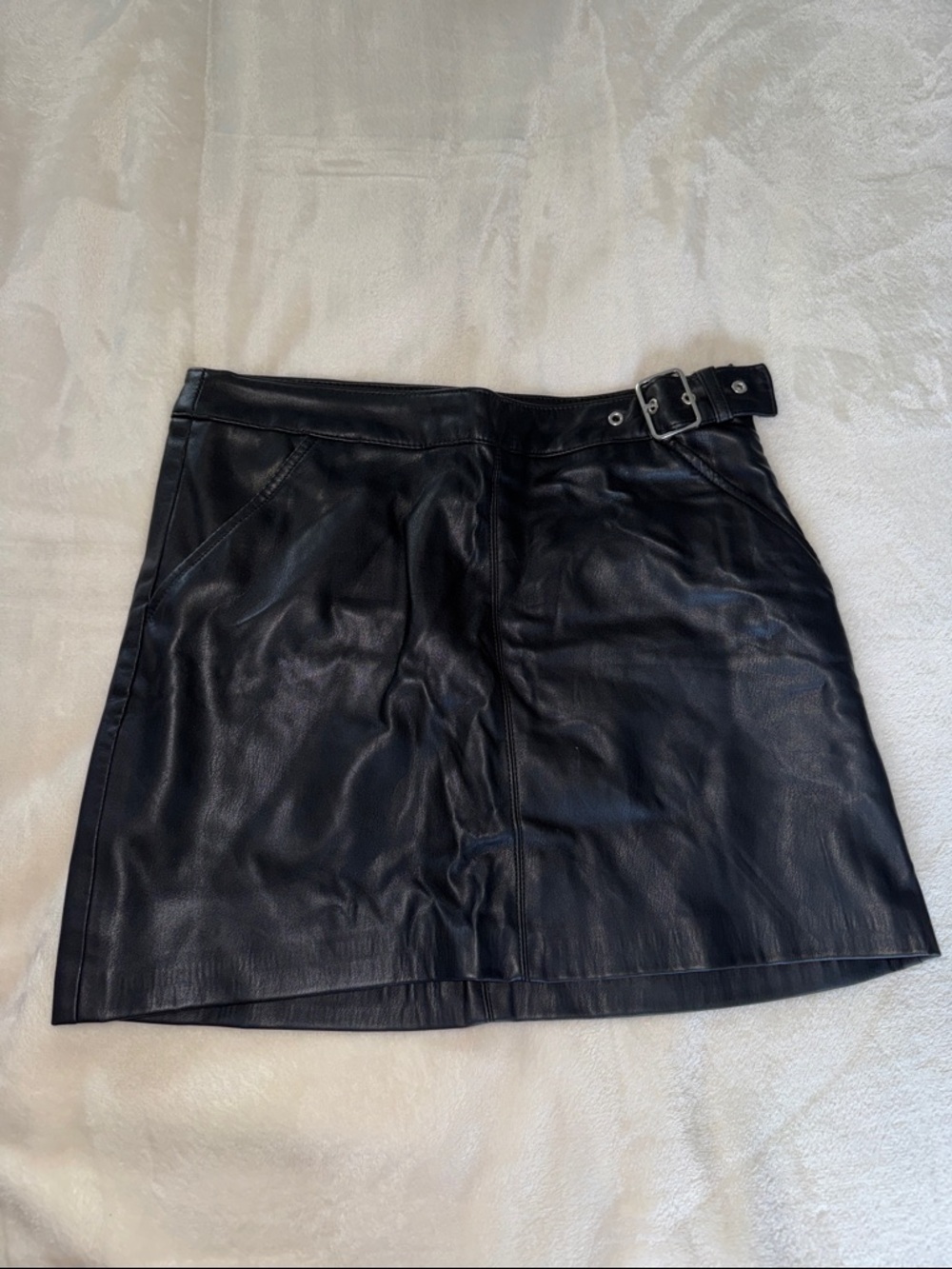 Black Faux Leather Mini Skirt with Buckle Detail